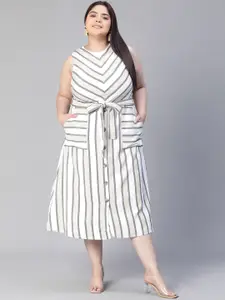Oxolloxo Plus Size Striped Knot Detail Round Neck Cotton Midi A-Line Dress