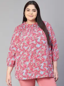 Oxolloxo Plus Size Floral Print Round Neck Long Sleeve Smocked Top