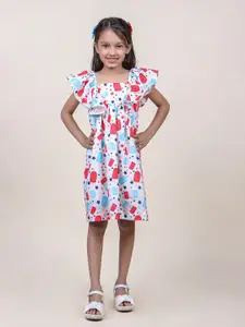 Jilmil Girls Conversational Printed Square Neck Flutter Sleeve Cotton A-Line Dress