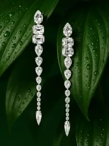 Rubans Voguish Rubans Rhodium-Plated White Crystal Zirconia Glamorous Shoulder Duster Statement Earrings