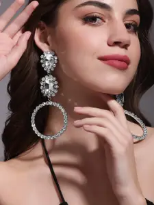 Rubans Voguish Rhodium Plated Crystal AD & Zirconia Studded Shoulder Duster Earrings