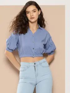 Chemistry Puff Sleeves Crop Pure Cotton Casual Shirt