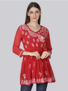 Seva Chikan Ethnic Motifs Embroidered Chikankari Angrakha A Line Kurti With Slip