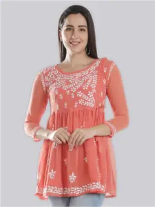 Seva Chikan Ethnic Motifs Embroidered Chikankari Angrakha Kurti With Slip