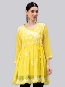 Seva Chikan Ethnic Motifs Embroidered Chikankari Angrakha A Line Kurti With Slip