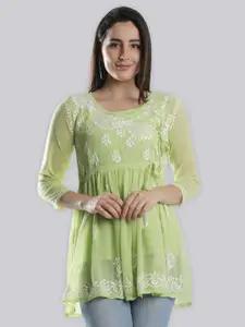 Seva Chikan Ethnic Motifs Embroidered Chikankari Angrakha A Line Kurti With Slip