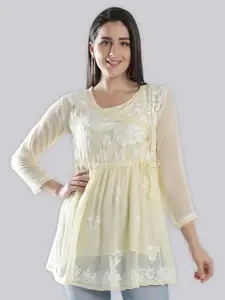 Seva Chikan Ethnic Motifs Chikankari Embroidered Angrakha A line Kurti With Slip