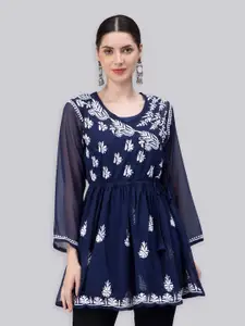 Seva Chikan Ethnic Motifs Embroidered Chikankari Angrakha A Line Kurti With Slip