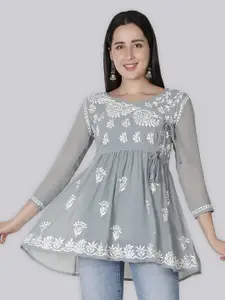 Seva Chikan Ethnic Motifs Chikankari Embroidered Angrakha A line Kurti With Slip