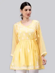 Seva Chikan Ethnic Motifs Embroidered Chikankari Angrakha A Line Kurti With Slip