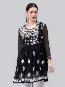 Seva Chikan Ethnic Motifs Chikankari Embroidered Angrakha A line Kurti With Slip