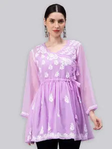 Seva Chikan Ethnic Motifs Embroidered Chikankari Angrakha A Line Kurti With Slip