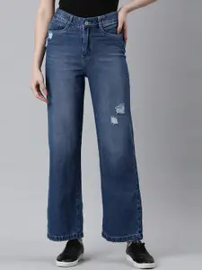 SHOWOFF Women Jean Wide Leg High-Rise Low Distress Light Fade Cotton Jeans