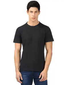 Parx Men Black Self-Design Round Neck T-shirt