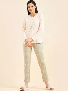 Sweet Dreams Peach-Coloured & Green Graphic Printed Round Neck Night suit