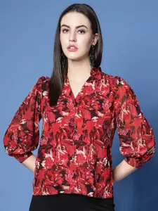 plusS Red Floral Printed Mandarin Collar Ruffled Shirt Style Top
