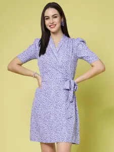 plusS Lavender Floral Printed Shirt Collar Warp Dress