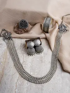 TEEJH Silver-Plated Oxidised Necklace Set With Bracelet & Ring