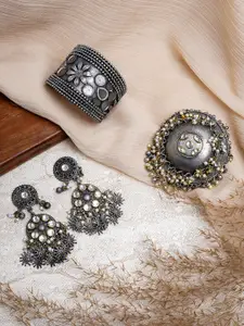 TEEJH Silver-Plated Oxidised Earrings & Rings With Bracelet