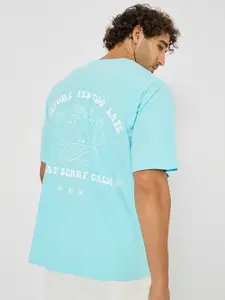 Styli Light Blue Typography Printed Oversized Pure Cotton T-shirt