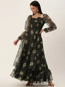 Ethnovog Floral Printed Puff Sleeve Layered Maxi Dress