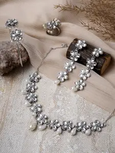 TEEJH Silver-Plated Oxidised Necklace Set With Bracelet & Ring