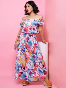 Rhe-Ana Floral Printed Off-Shoulder Top & Skirt Co-Ords Set