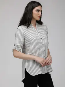IDK White Vertical Stripes Striped Mandarin Collar Casual Shirt
