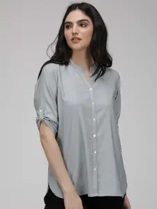 IDK Grey Micro Ditsy Printed Mandarin Collar Casual Shirt