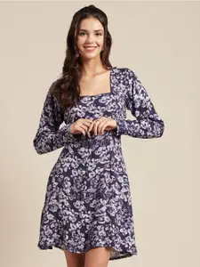 Moomaya Floral Printed Square Neck Fit & Flare Dress