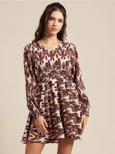 Moomaya V Neck Floral Printed Smocked Pleated Cuffed Sleeve  A-Line Dress