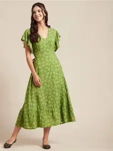 Moomaya V Neck Floral Printed Flutter Sleeve Smocked Wrap Midi Dress