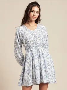 Moomaya V Neck Floral Printed Smocked Pleated Cuffed Sleeve  A-Line Dress