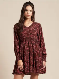 Moomaya V Neck Floral Printed Smocked Pleated Cuffed Sleeve  A-Line Dress