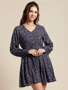 Moomaya V-Neck Floral Print Fit & Flare Mini Dress
