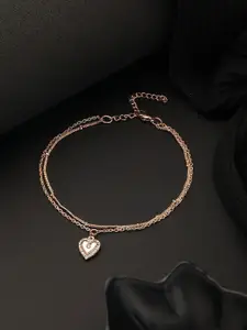 Jazz and Sizzle Rose Gold-Plated CZ-Studded Layered Heart Charm Anklet