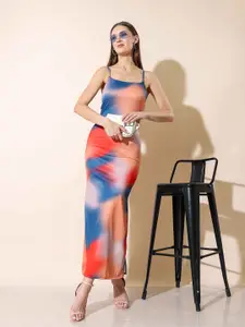 Stylecast X Hersheinbox Blue & Peach Tie and Dye Printed Shoulder Strap Bodycon Midi Dress
