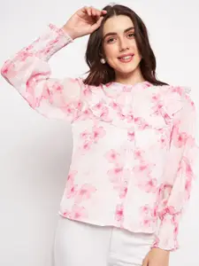DELAN Floral Printed Ruffles Shirt Style Top