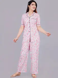 TREND ME Floral Printed Lapel Collar Night suit