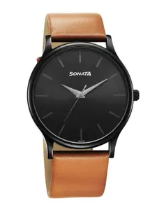 Sonata Men Brass Dial & Leather Straps Analogue Watch 77105NL09W