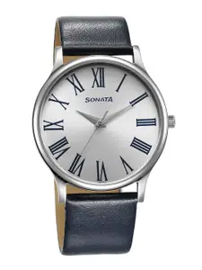 Sonata Men Brass Dial & Leather Straps Analogue Watch 77105SL12W