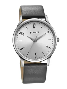 Sonata Men Brass Dial & Leather Straps Analogue Watch 77105SL15W