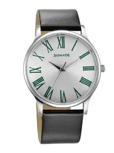 Sonata Men Brass Dial & Leather Straps Analogue Watch 77105SL14W
