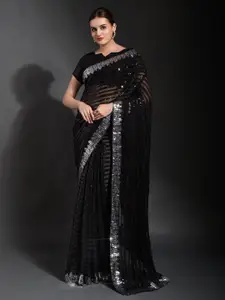 Anouk Black & Silver-Toned Embellished Sequinned Pure Georgette Saree