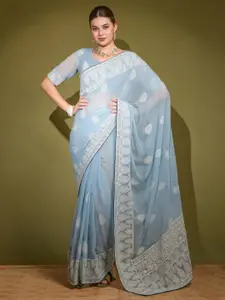 Anouk Grey & White Ethnic Motifs Embroidered Pure Georgette Saree