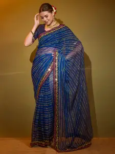 Anouk Navy Blue & Burgundy Ethnic Motifs Orinted Beads and Stones Pure Georgette Saree