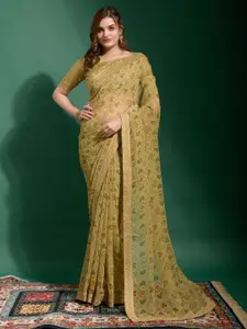 Anouk Olive Green & White Ethnic Printed & Embroidered Border Pure Georgette Ikat Saree