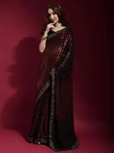 Anouk Black & Red Embellished Sequinned Pure Georgette Saree