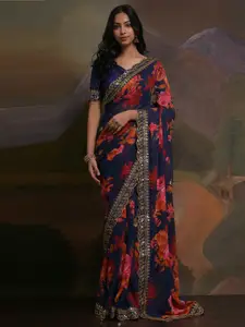 Anouk Navy Blue & Pink Floral Printed Embroidered Saree