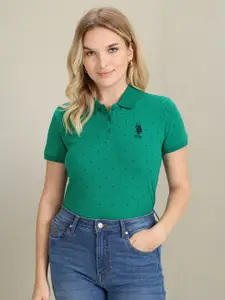 U.S. Polo Assn. Women Conversational Printed Polo Collar Slim Fit Cotton T-Shirt
